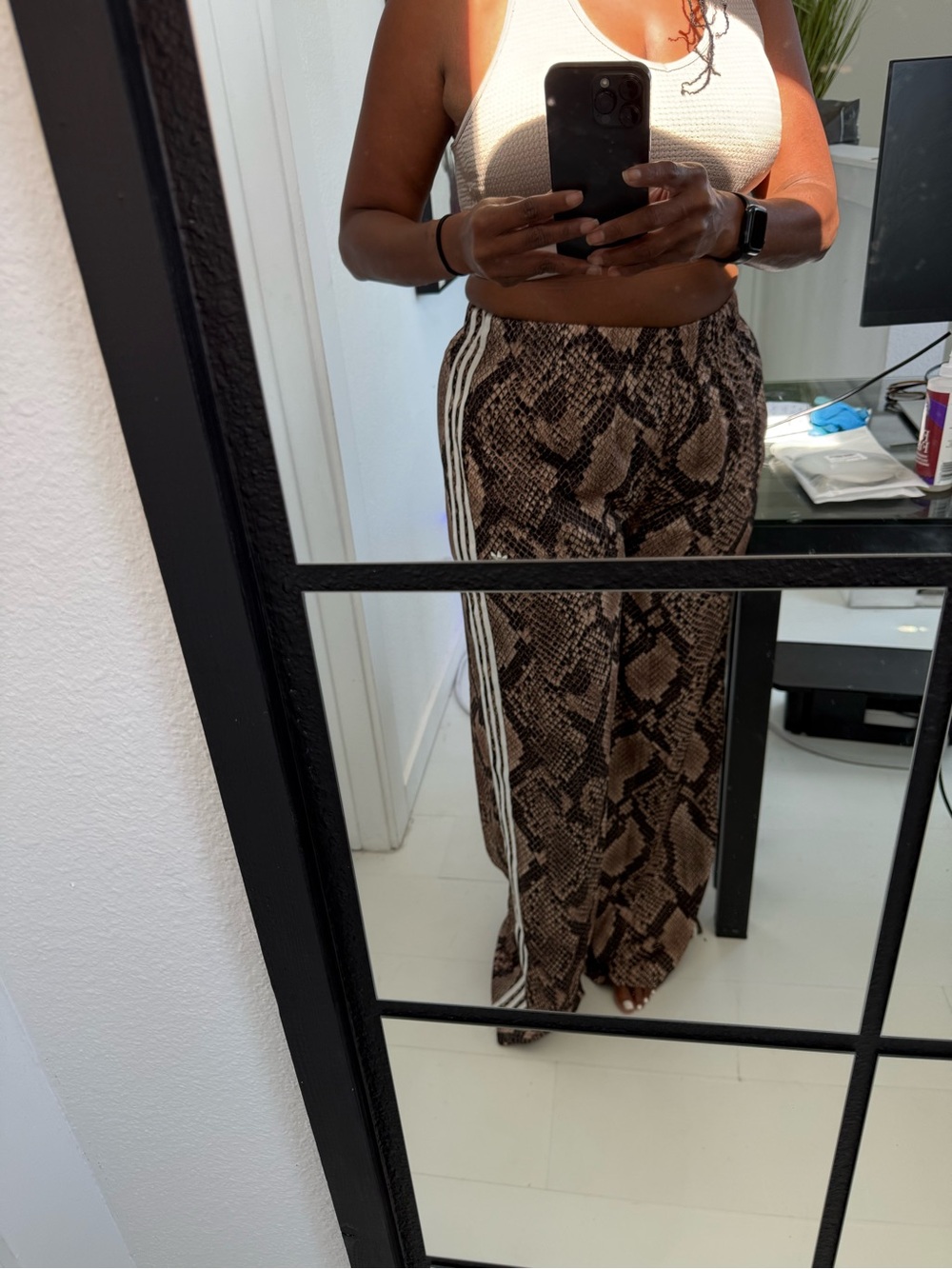adidas Brown Snake-Print Wide Leg Track Pants with White Stripes - Picture 6 of 7
